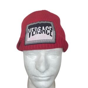 VERSACE KNITTED BEANIE HAT WOOL RED LOGO PATCHED MADE IN ITALY AUTHENTIC ICONIC
